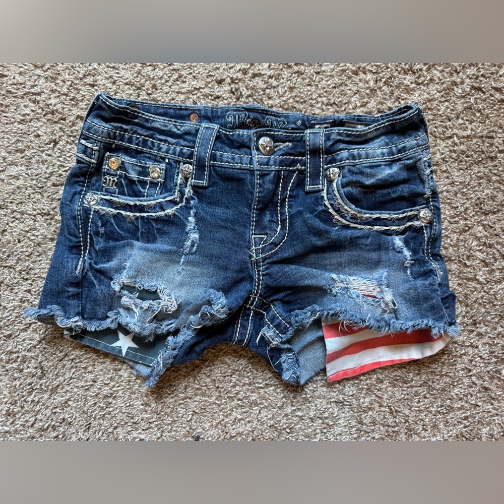 Miss Me Dark Blue Distressed Denim Jean Shorts with Flag Lining